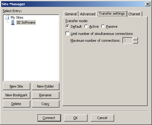 Screen shot of the Transfer Settings configuration page in Site Manager